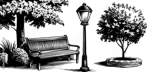 Lantern lit paved plaza and bench with trees and landscaping for outdoor design