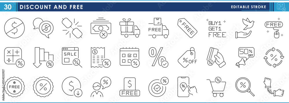A set of line icons related to Free and Discount. Free, discount, cost, priceless, delivery, calculation, sale, market, freedom, and so on. Vector editable stroke.