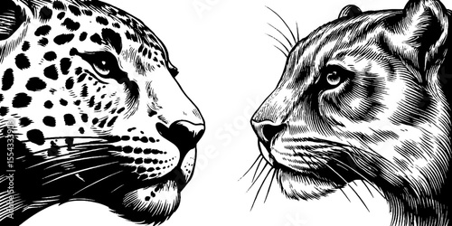 Elegant leopard and panther silhouette in vintage hand drawn style for artistic design