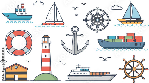 set of different ships colorful flat Icon Set of Maritime and Water Transport Boats, Ships, Anchors, and Ocean Navigation Icons in Minimal Style on White Background.