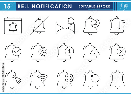 A set of line icons related to Bell Notification. Bell, ring, notify, information, messages, user interface, and so on. Vector editable stroke.