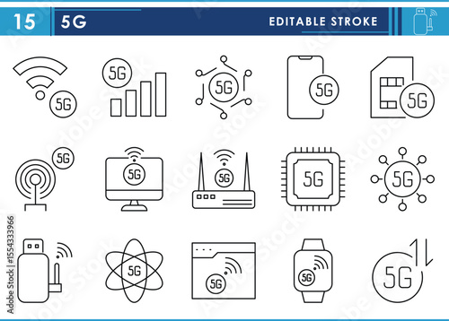 A set of line icons related to 5G network. Computer, network, internet, fast, data, transfer, download, upload, broadcast, and so on. Vector editable stroke.