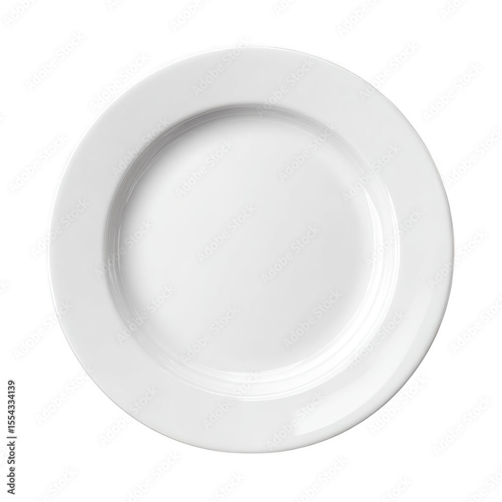 A clean white ceramic dinner plate with a subtle rim detail isolated on transparent background A clean white ceramic dinner plate with a subtle rim detail isolated on transparent background