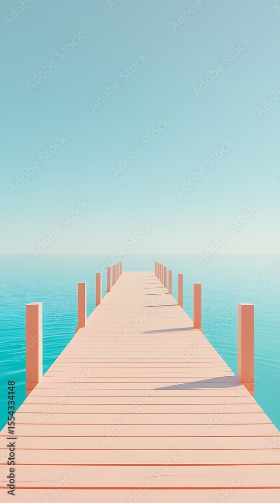 Obraz premium A pink wooden dock extends into a calm blue ocean under a clear sky