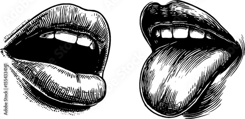 Vintage lip outline and tongue illustration for design and art projects
