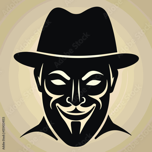 Black silhouette of a man wearing a hat and smiling with hidden eyes  