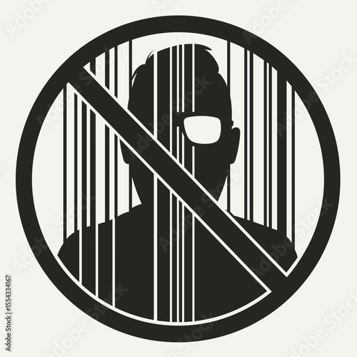 Silhouette of a person behind barcode pattern with no entry sign  