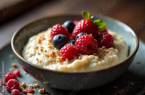 Oatmeal with Fresh Berries, healthy breakfast treat. Closeup