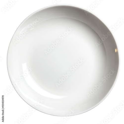 Clean white ceramic dinner plate with a subtle sheen isolated on transparent background