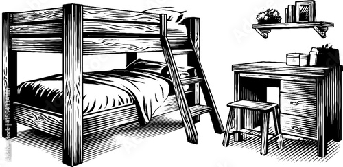 Industrial style loft bed set with steel frame and desk for modern interiors design