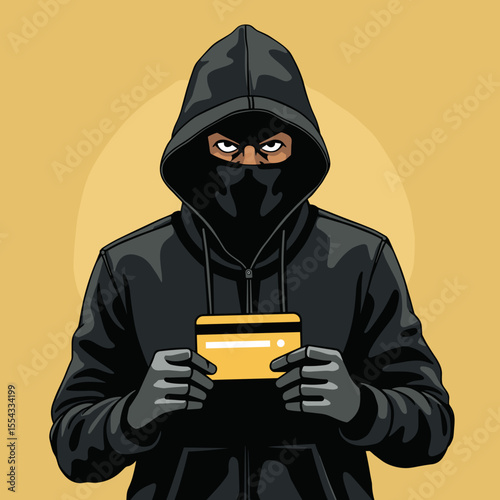 Hooded figure holding a credit card against a yellow background  