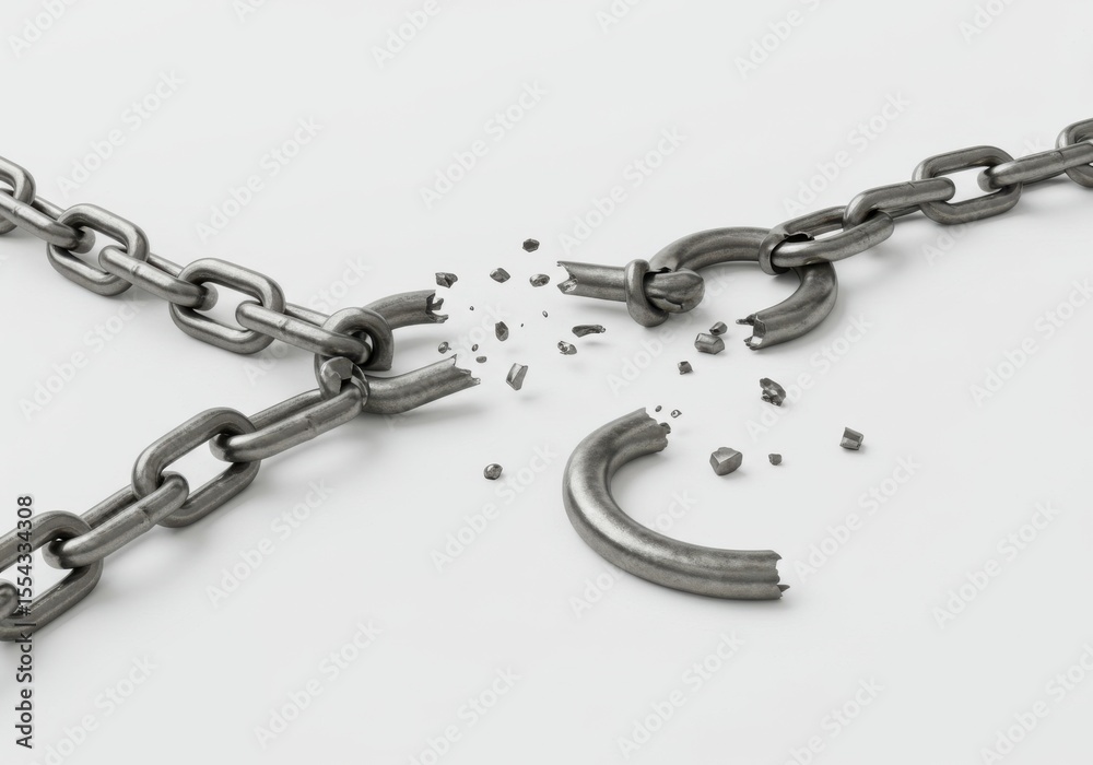 Obraz premium A close up of a broken metal chain with fragments on a white background in a studio setting image