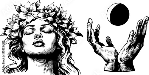 Graceful maiden with flowing hair and floral crown in hand drawn style