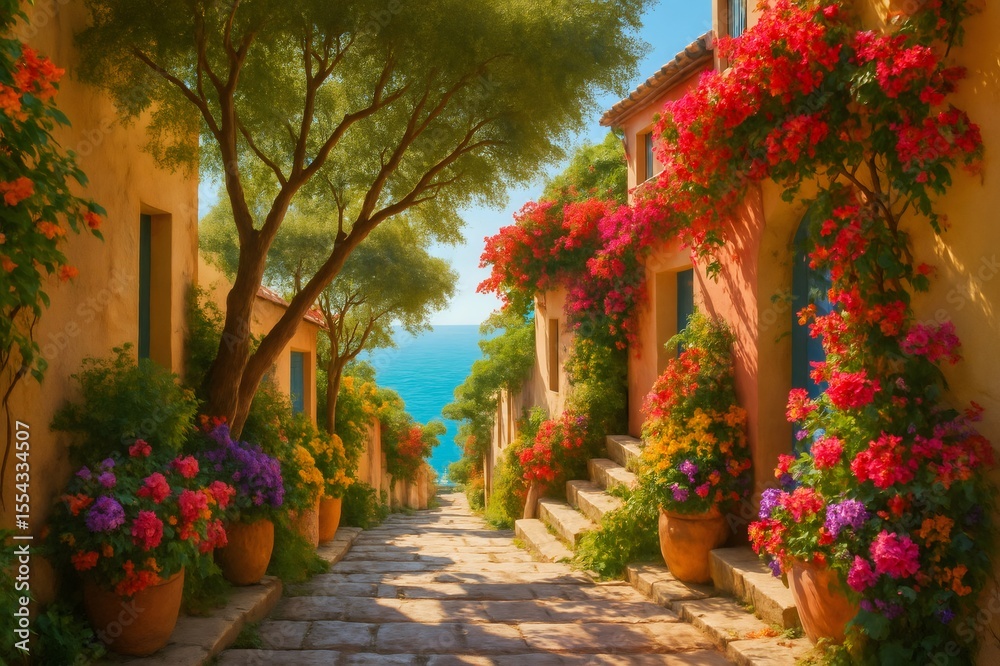 Obraz premium Picturesque alley with colorful flowers leading to the Mediterranean Sea