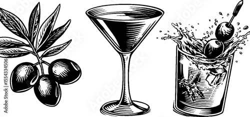 Martini glass with olive spear and splash in retro style for bar theme design