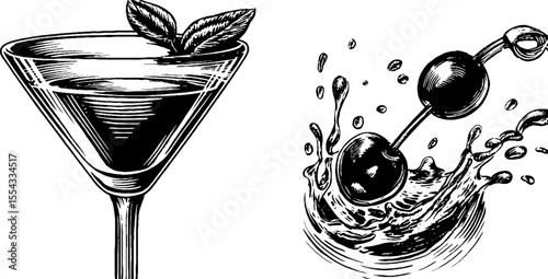 Martini glass with olive spear and splash design for creative illustration