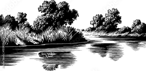 Meandering river bend with lush vegetation in detailed vintage sketch for nature design
