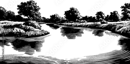 Meandering river bend with lush bank vegetation for nature art design