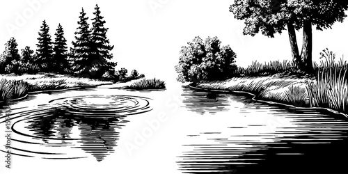 Tranquil meandering river bend with lush bank vegetation design for nature lovers