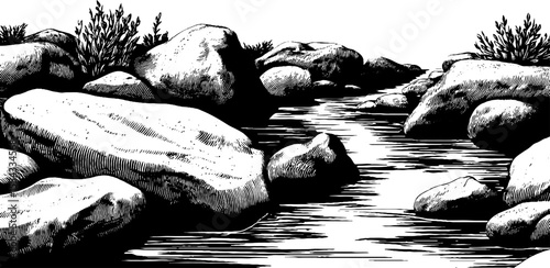 Meandering stream channel with river pebbles and rocks