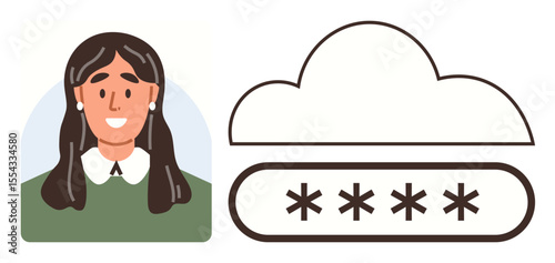 Portrait of a woman alongside a cloud and password authentication. Ideal for cybersecurity, login process, online security, data protection, cloud storage, user identity, or technology, simple flat