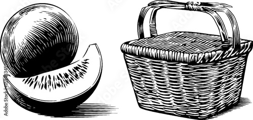 Vintage picnic scene with melon slice and basket in sunbeam