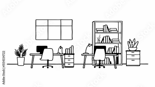 Illustration of two office workstations with desks chairs and bookshelves in black and white style created with generated ai