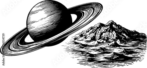 Celestial scene with saturn and meteor crater in hand-drawn vintage style for retro design