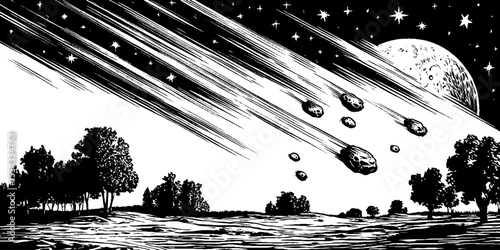 Celestial meteor shower with streaks and debris against night sky