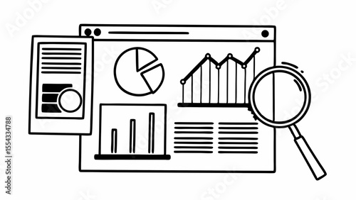 Illustration of data analysis dashboard with pie chart, bar graph, line graph and magnifying glass created with generated ai
