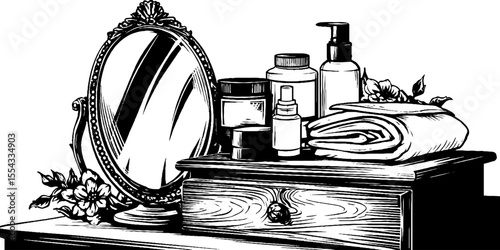 Vintage bathroom vanity with mirror cabinet and skincare essentials for retro decor