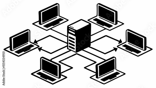 Network diagram showing a server connected to multiple laptops with arrow connections created with generated ai
