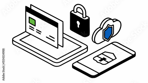 Isometric view of digital devices with security features and cloud protection shown clearly in the image created with generated ai