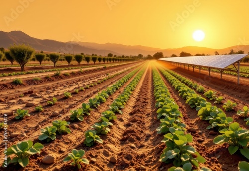 solar powered irrigation for developing regions, showing drip systems feeding rows of crops in dry, arid terrain under a hot sun.