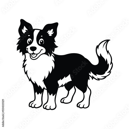 Happy Border Collie dog with a wagging tail silhouette isolated on white background