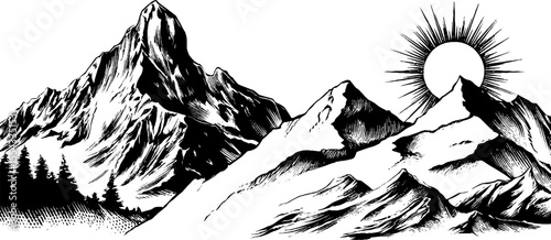 Majestic mountain peaks and jagged cliffs with sun silhouette for nature and adventure themes