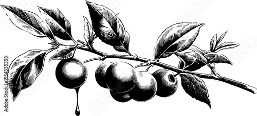 Botanical illustration of a branch with fruits and leaves for nature and design themes