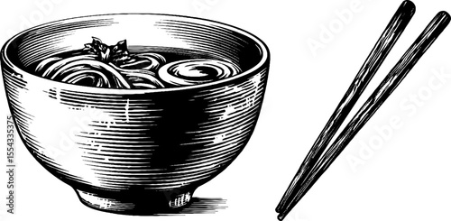 Noodle bowl and chopsticks illustration for design and culinary art