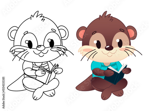 A cute cartoon character otter, one in outline and one in color, sits cross-legged reading a small book. The otter has a brown body and is wearing a blue shirt. Vector illustration