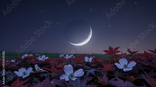Dreamlike photograph of crescent moon with colorful leaves and stars  

