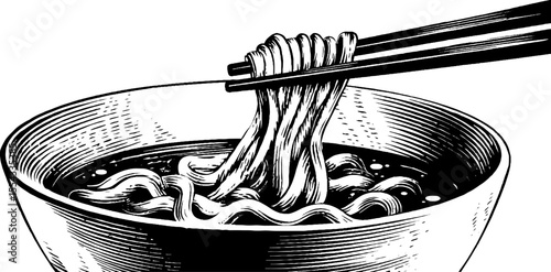 Hand drawn noodle bowl with chopsticks and broth for culinary design