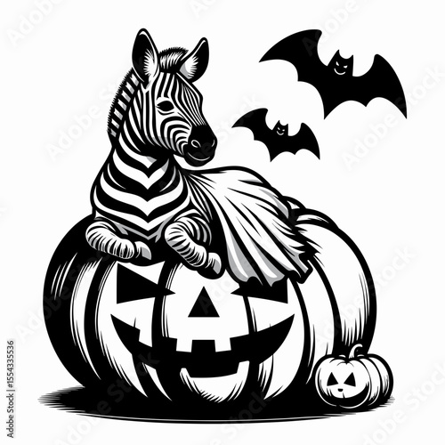 Zebra wear ghost costume and sitting on jack o pumpkin. Halloween Witch Bat Spooky Scary Clipart Line Art Vector Illustration. Striped equine in phantom attire atop carved gourd decoration.