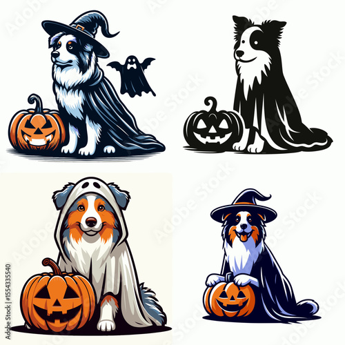 Australian Shepherd Dog wear ghost costume and sitting on jack o pumpkin. Halloween Witch Bat Spooky Scary Clipart Line Art Vector Illustration. Aussie pup in spirit apparel gourd a canine.