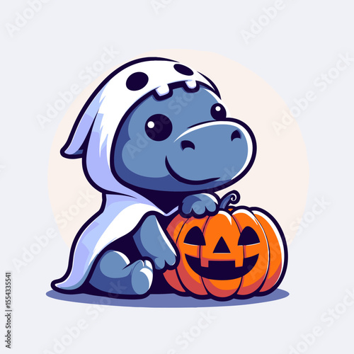 baby hippo wear ghost costume and sitting on jack o pumpkin. Halloween Witch Bat Spooky Scary Clipart Line Art Vector Illustration. Infant river horse in spectral attire atop carved gourd.