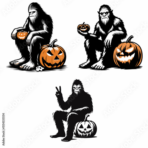 Bigfoot wear ghost costume and sitting on jack o pumpkin. Halloween Witch Bat Spooky Scary Clipart Line Art Vector Illustration. Sasquatch in phantom attire atop carved gourd a big foot.