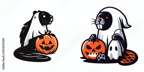 Beaver wear ghost costume and sitting on jack o pumpkin. Halloween Witch Bat Spooky Scary Clipart Line Art Vector Illustration. Rodent donned garment atop carved gourd autumn holiday image.