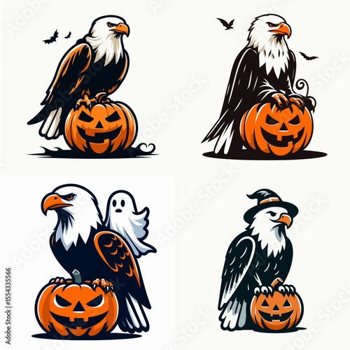 Bald Eagle wear ghost costume and sitting on jack o pumpkin. Halloween Witch Bat Spooky Scary Clipart Line Art Vector Illustration. American bird dons phantom attire perched atop carved.