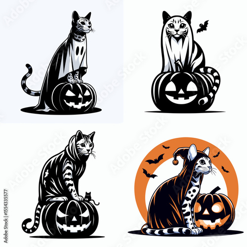 Bengal Cat wear ghost costume and sitting on jack o pumpkin. Halloween Witch Bat Spooky Scary Clipart Line Art Vector Illustration. Spotted feline in phantom garb atop carved gourd a autumn.