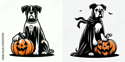 Boxer Dog wear ghost costume and sitting on jack o pumpkin. Halloween Witch Bat Spooky Scary Clipart Line Art Vector Illustration. Canine dressed like phantom resting atop carved gourd.