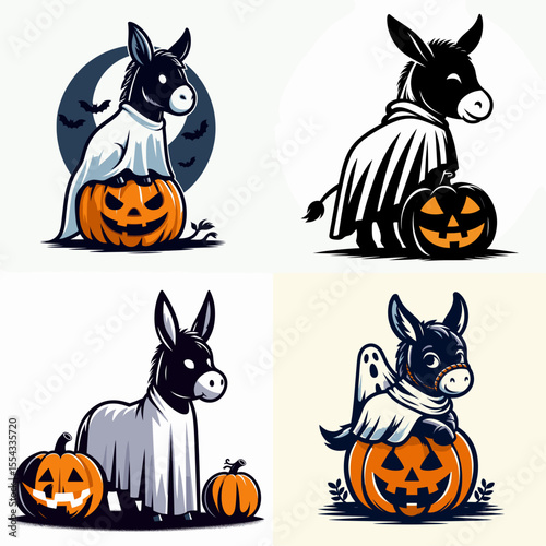 Donkey wear ghost costume and sitting on jack o pumpkin. Halloween Witch Bat Spooky Scary Clipart Line Art Vector Illustration. Equine in phantom attire atop a carved gourd celebration.